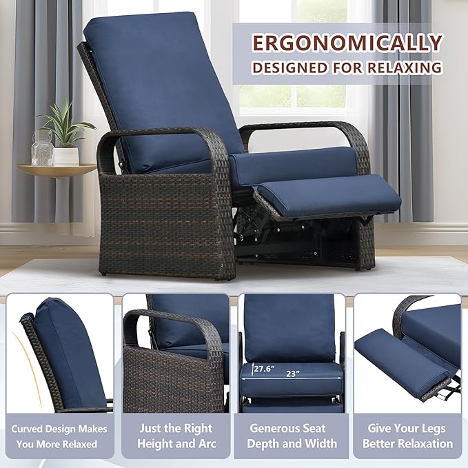 Art to Real Outdoor Wicker Recliner Chair with 5.5'' Cushions, Automatic Adjustable Patio Lounge Chairs, Aluminum Frame Reclining Chair for Lawn Backyard Porch Poolside Deck(Navy Blue)