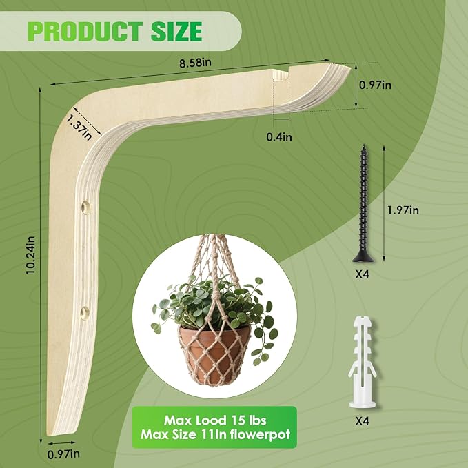 Wooden Plants Hanger, Plant Hangers Indoor Wall Mount, 8.58-Inch Hanging Plant Hooks For Wall, Basket Hooks for Lanterns, Flower Bracket, Wind Chimes, Lamp, Bird Feeders, Patio Decor(wood color 2PCS)
