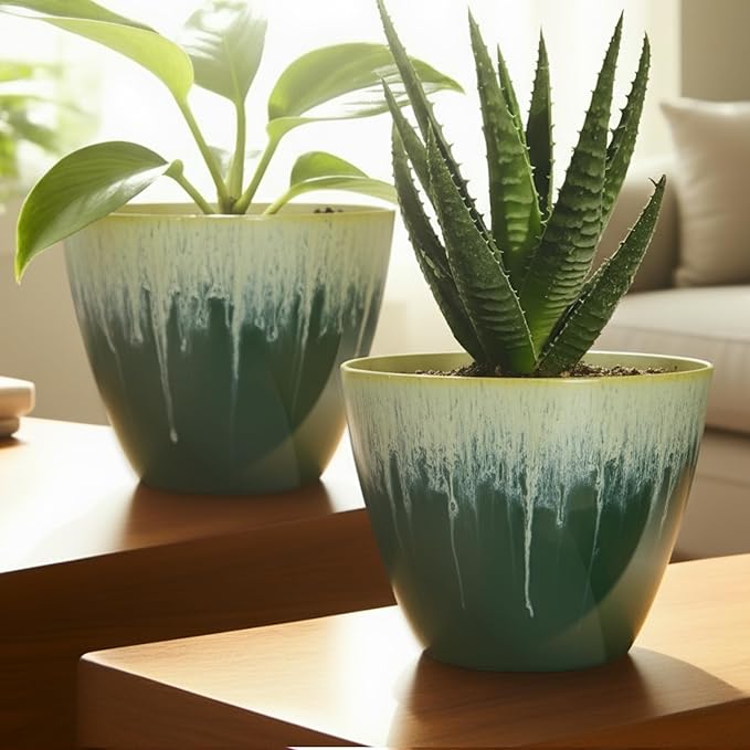 Pack of 2 Flower Pots, Plastic Plant Pots with Drainage Holes, 8 inch Modern Glossy Finishing Planter for Indoor Outdoor Plants (Green Glaze, 2 Pack)