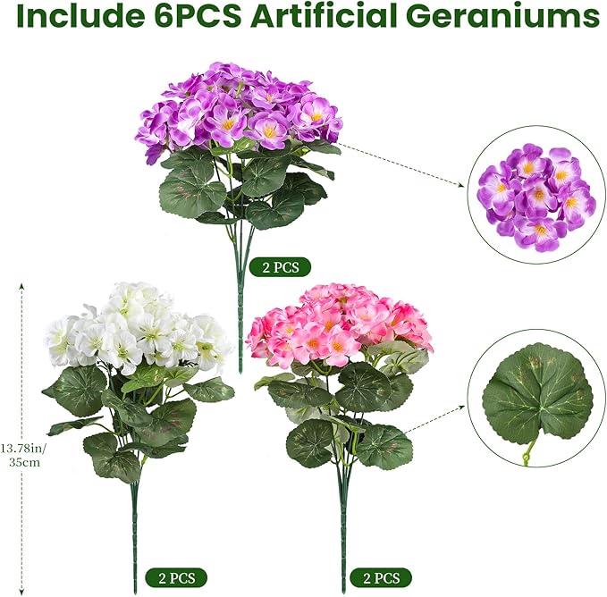 Artificial Geraniums Flowers for Outdoors, 6 Bundles Realistic Silk Fake Geranium, No Fade Faux Plants for Hanging Baskets, Window Boxes, Planters - Porch, Patio, Garden Decor(Mix Colors)