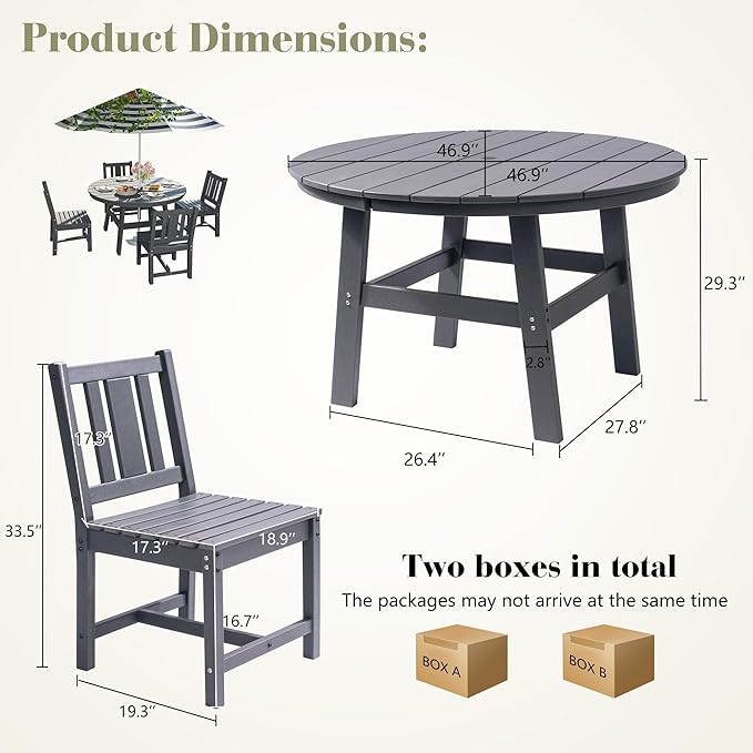 AMERLIFE 5 Piece HDPE Outdoor Dining Table & Chairs Set, All-Weather Patio Table and Chairs Set Furniture with Umbrella Hole for Garden, Backyard, Poolside, Seaside, Gray