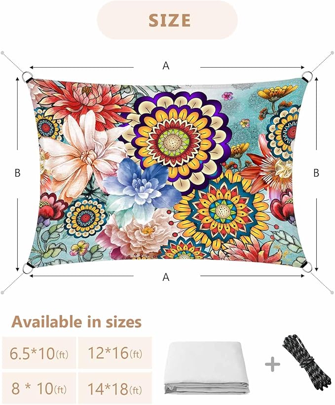 Sun Shade Sail 14'x18' Boho Floral Rectangle Sun Shade Sails Canopy Waterproof Mandala Flowers Plant Outdoor Sunshades Sand UV Block Cover Shade Cloth for Patio Backyard Garden Deck Porch Lawn