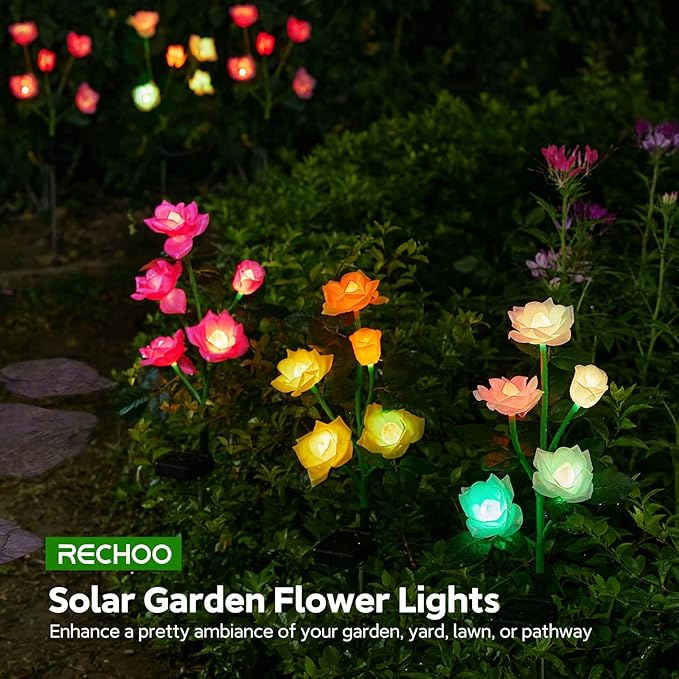 RECHOO Solar Garden Lights Outdoor Decorative, 3 Pack Solar Flower Lights with 15 Rose Flowers, Multi-Color Changing LED Waterproof Garden Decor for Landscape Pathway, Mother's Day Gifts for Women