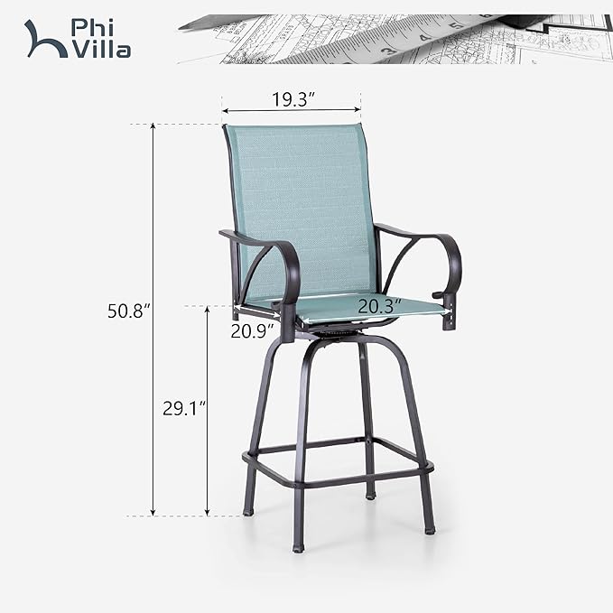 PHI VILLA Outdoor Bar Stools Set of 2, Swivel Patio Bar Stools & Chairs with Armrest, All-Weather High Top Outdoor Bar Chairs for Outside, Porch and Deck