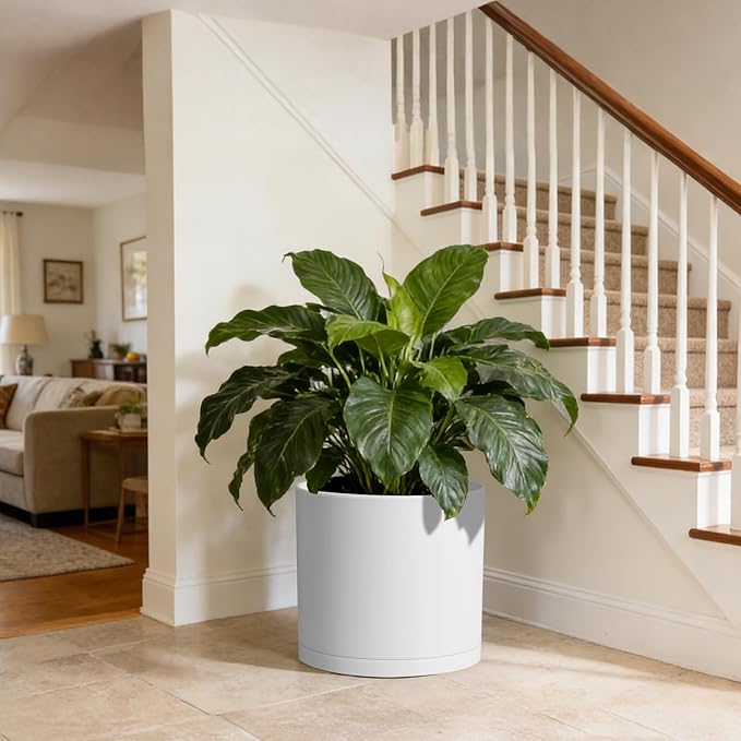 14 Inch Heavy-Duty Cylinder Deep Planter for Indoor Outdoor Plants, Tall Large Plastic Plant Pot with Drainage Holes and Saucer, Decorative Flower Pot for Patio Garden, White