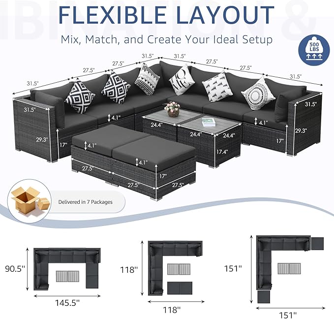 NICESOUL 11 Piece Modern Outdoor Furniture Sofa Set, Extra Large Size Wicker Patio Modular Sectionals, 29.3'' High Back All-Weather Conversations, Deep Wide Seats Sofa Couches for Backyard Deck, Grey
