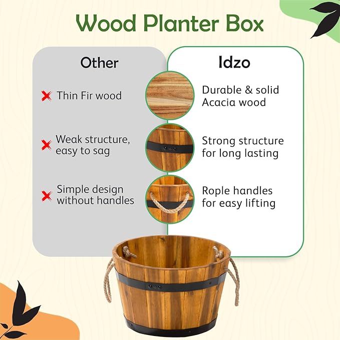 Set of 3 Wooden Flower Boxes Outdoor, Durable Acacia Wood Barrel Planters for Outdoor Plants with Ergonomic Handles, Drainage Holes, Multiple Sizes Wood Bucket Planter for Home Décor