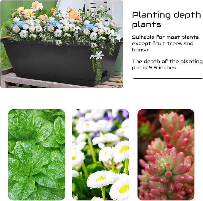 QPEY Window Box Planter, 10 Pack 17 Inch Plastic Flower Box with Tray Rectangular Planters for Outdoor Indoor Plants Garden Home Decor (Black)