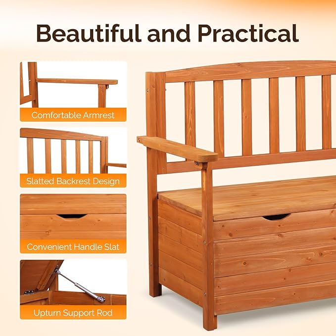 VINGLI Outdoor Storage Bench, Large Wood Deck Box with Seating, Weatherproof Outdoor Bench with Storage Loveseat, 2-Person Wooden Patio Bench for Entryway, Backyard, Garden