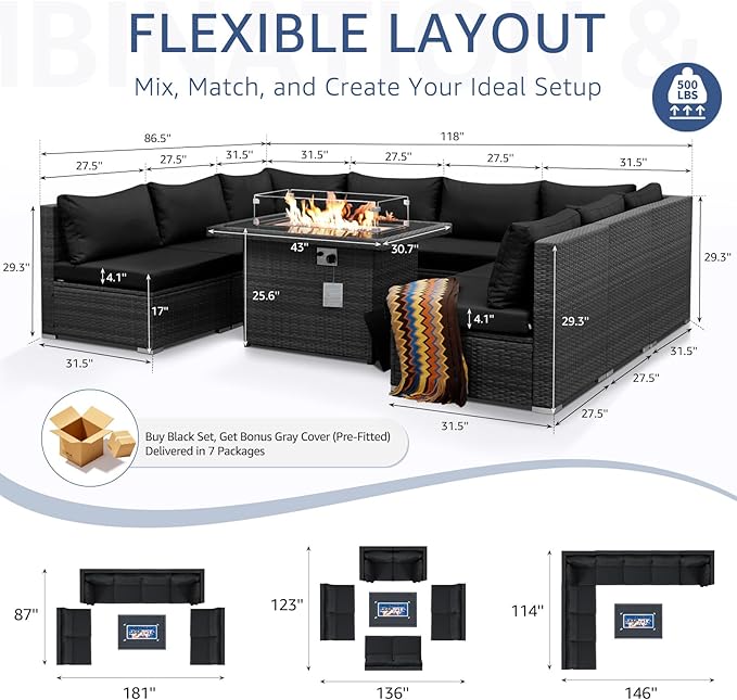 NICESOUL 9 Piece Extra Large Outdoor Patio Furniture Conversation Set with Fire Pit Natural Gas/Propane, 29.3'' High Back Modular Deep Seat Sectional Sofa Set for Outside, 2 Color Cushion Black&Gray