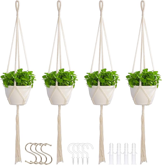 Macrame Plant Hangers Indoor Macrame,4 Pack Hanging Planter Holder for Window,Ceiling Crochet Handmade Boho Home Decor Set for Hanging Plants Basket Pot,Ivory