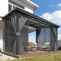 AECOJOY 12'x8' Outdoor Hardtop Gazebo Pergola with Curtains and Netting for Patio, Large 8x12 Steel Heavy Duty Lean to Wall-Mounted Pergolas and Grill Gazebos Clearance, Metal Roof Awnings for Decks