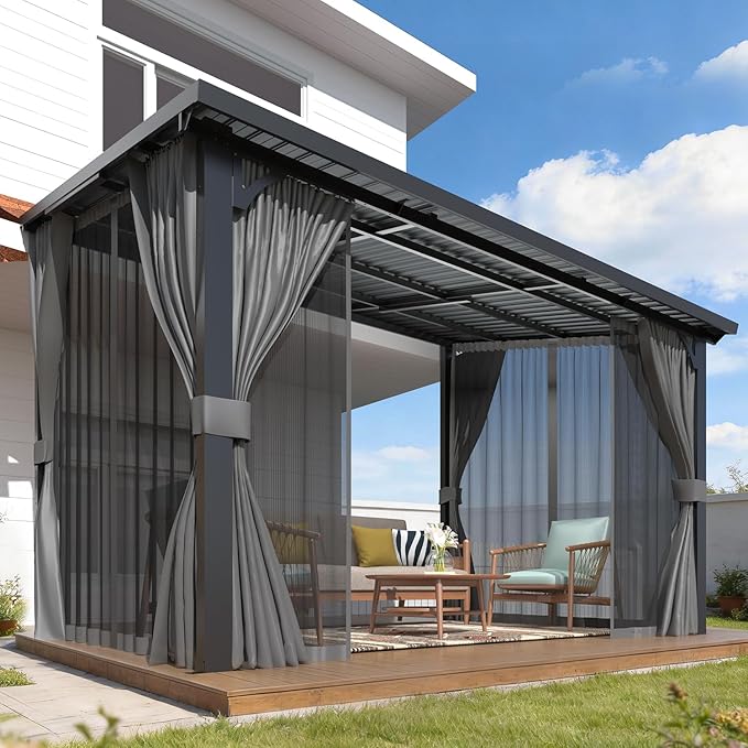 AECOJOY 12'x8' Outdoor Hardtop Gazebo Pergola with Curtains and Netting for Patio, Large 8x12 Steel Heavy Duty Lean to Wall-Mounted Pergolas and Grill Gazebos Clearance, Metal Roof Awnings for Decks