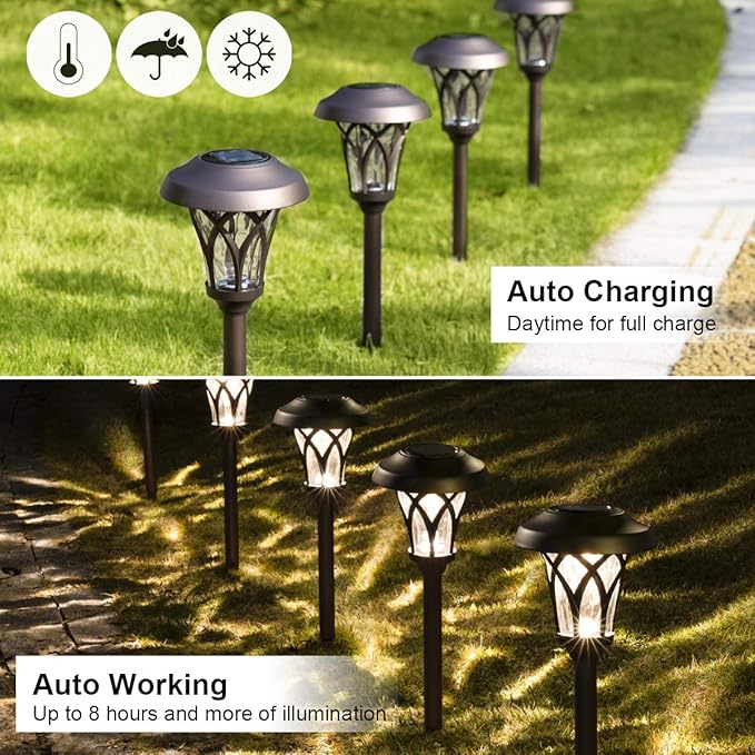GIGALUMI 6 Pack Solar Pathway Lights Outdoor, Metal Glass & ABS Solar Landscape Lights Waterproof IP65, Warm White Solar Powered Garden Lights for Yard Patio Walkway Driveway (Brown)