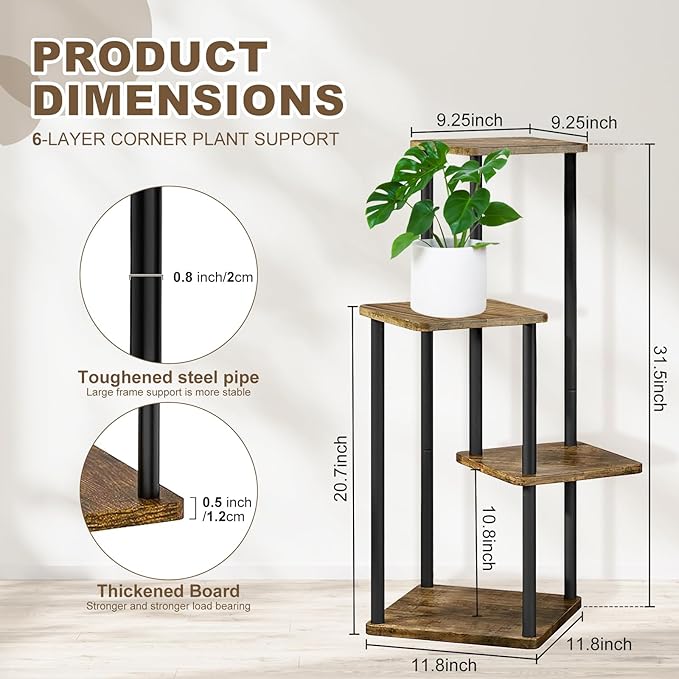 4 Tier Plant Stand Indoor, Thickened Metal Wood Corner Plant Shelf Stands for Multiple Plants, Indoor Tall Plants Stand Tiered Flower Holder for Living Room Patio Garden Balcony(Black+Brown)
