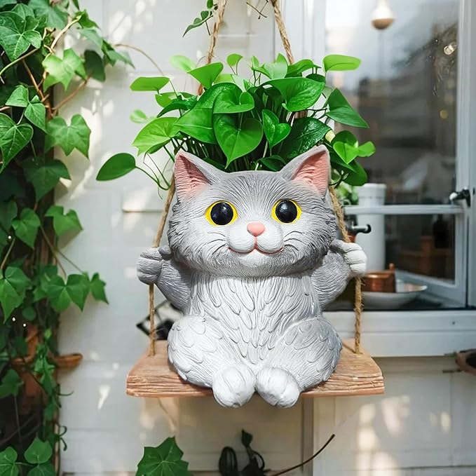 Cat Hanging Planters for Indoor Outdoor Plants, Small Cute Hanging Pots for Succulent, String of Pearls Plant, Resin Hanging Flower Pots with Drainage Hole, Unique Gift, Garden Home Decor