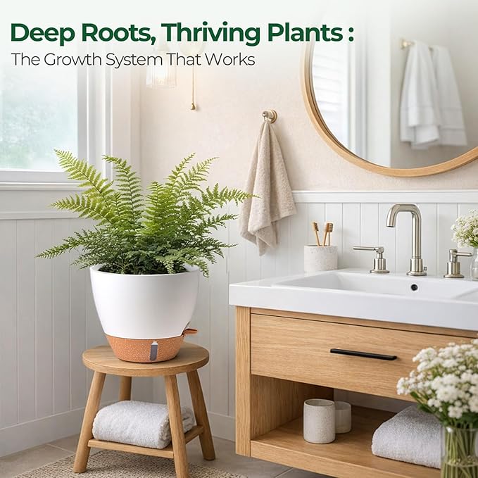 2 Pack 10 Inch Self Watering Pots - Water Level Indicator & Deep Reservoir, Mess-Free Planter for Busy People, Beginners & Gardeners, Fiddle Leaf Fig, Monstera, ZZ Plants, Indoor Outdoor Use (White)