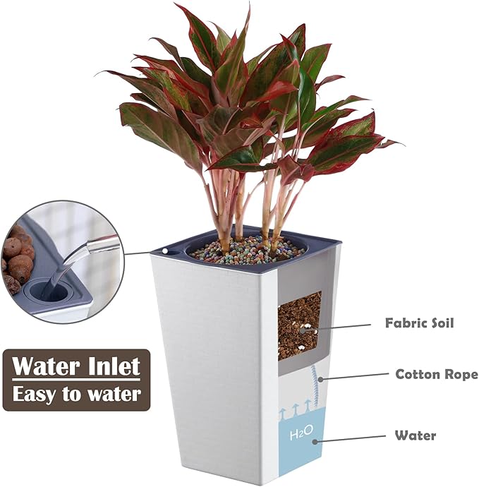 2 Pack Self Watering Planters 10.7" x 6.9" Planter for Indoor Plants White Self Watering Violet Pots Plastic Flower Pots Square Planter with 3D Wallpaper Pattern