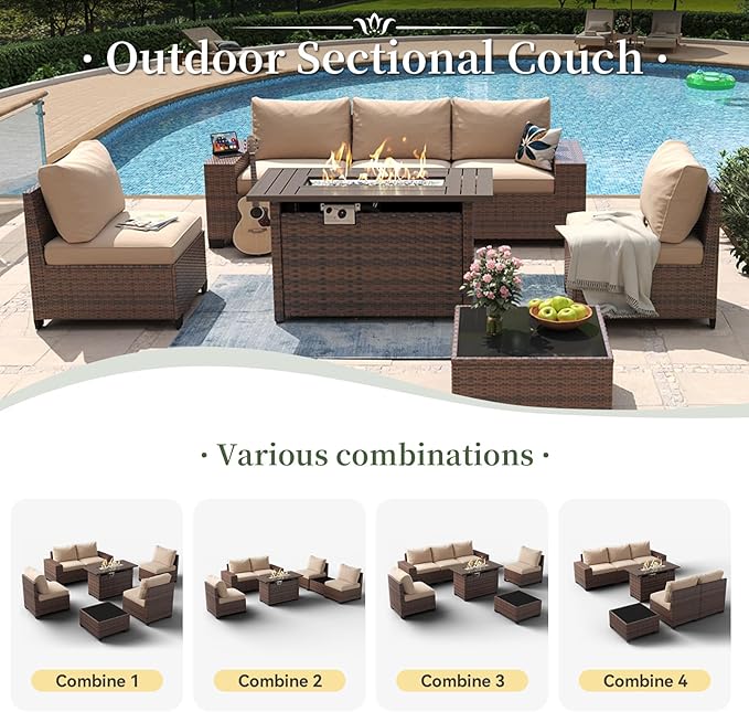 Aoxun 7 Piece Patio Furniture Set with Wide Armrests & 44” Fire Pit Table Wicker Rattan Outdoor Sectional Sofa Set with Coffee Table and Thickened Cushions, Brown/Beige(Waterproof Cover Included)