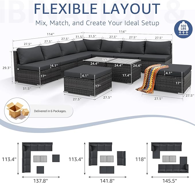NICESOUL 11 Piece Extra Large Outdoor Furniture Sofa Set, Deep Wide PE Wicker Patio Modular Sectional with Side Tables, 29.3'' High Back Modern Luxury All-Weather Rattan Conversation for Outside, Gray