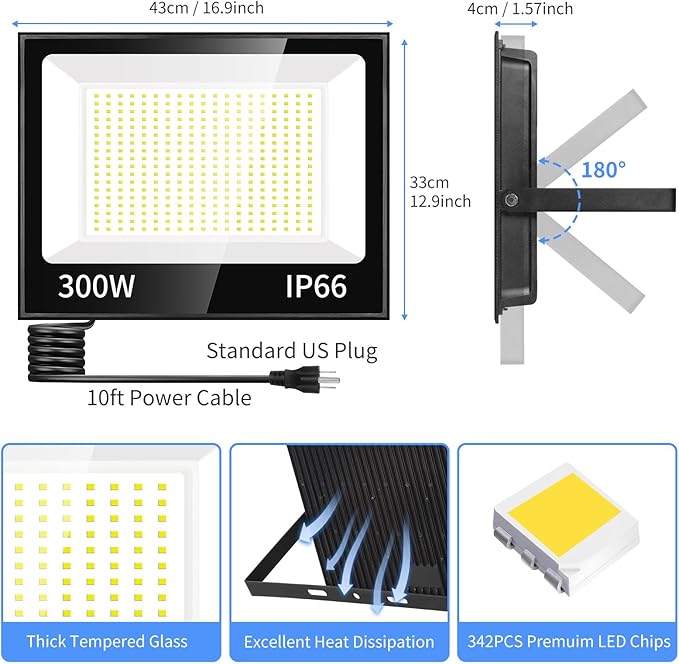 300W LED Flood Light Outdoor with Plug, 36000LM Ultra Brighter Security Light, IP66 Waterproof Exterior Plug in Floodlight, 5000K Daylight White for Lawn Yard Garden Stadium(2 Pack)