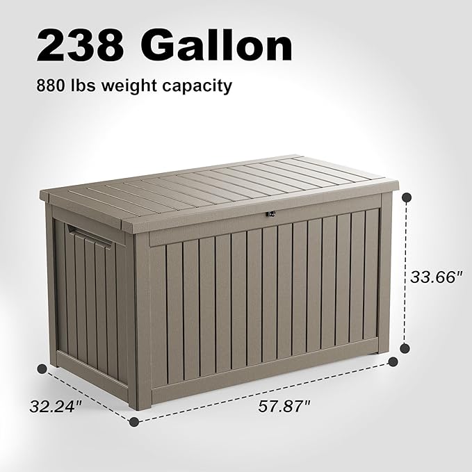 ROJIK Outdoor Storage Housing Deck Box - Waterproof Patio Furniture, Garden Tools, Cushions, Pool Accessories Storage Bench with Lockable Lid and Side Handles (Grey 238 Gal)