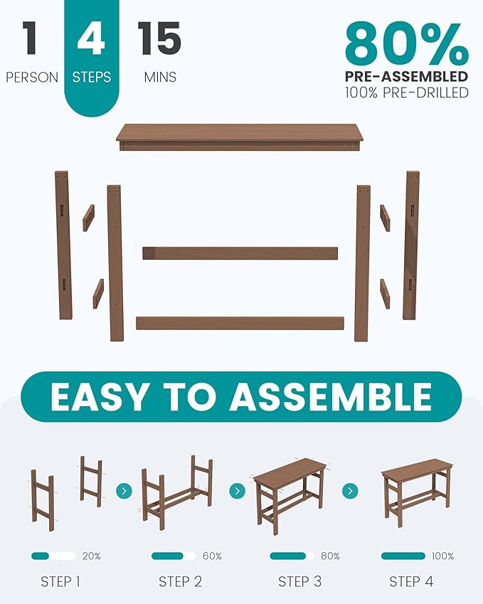 SERWALL Outdoor Bar Set - 4 Adirondack Bar Chairs & Bar Height Table with 1.6" Umbrella Hole, All-Weather HDPE Patio Furniture for Poolside, Backyard, Garden - Brown