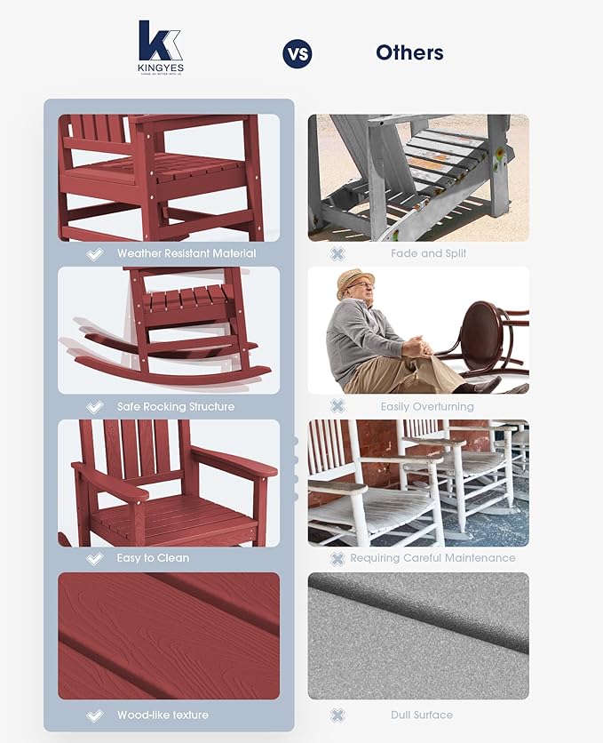 KINGYES Outdoor Rocking Chair, Weather Resistant Patio Rocking Chairs High Back Porch Rocker for Adult, Dark Red
