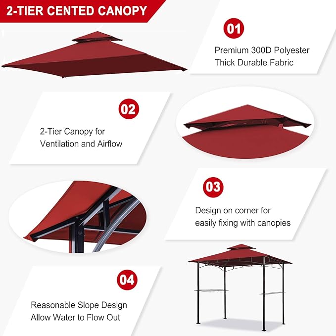 Eurmax USA High Performance Grill Gazebo Canopy Replacement Cover 5x8 BBQ Gazebo Shelter Top（Burgundy）