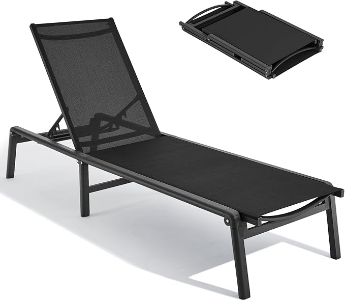 ONBRILL Aluminum Chaise Lounge Chair Outdoor, Foldable & Assembly Free Outdoor Lounge Chair with 5 Position Adjustable Backrest, Patio Pool Lounge Chairs for Outside Poolside Beach Lawn, 1PC, Black