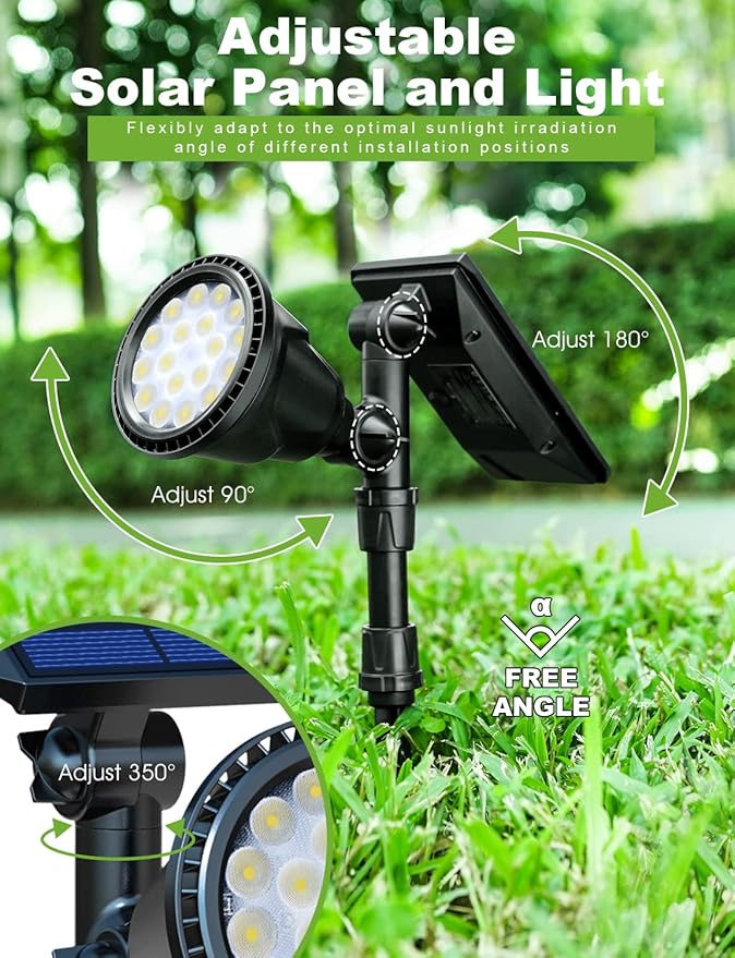 DBF Solar Lights Outdoor, 600LM Solar Spotlights Outdoor Waterproof, 2 Brightness Mode Adjustable 18 LED Flag Pole Light for Garden Yard Patio Landscape Driveway Garage Pool(Warm White, 2 Pack)