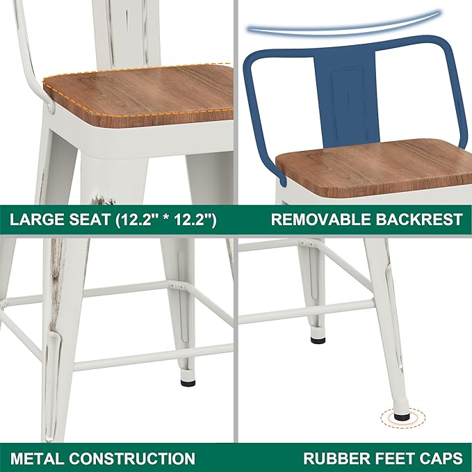 WENTMENT Bar Stools Set of 4, Industrial Style, Metal Frame, Distressed White, Wooden Seat, 24" H x 12.2" W x 15.6" D, 330 lbs Max Weight, Counter Height