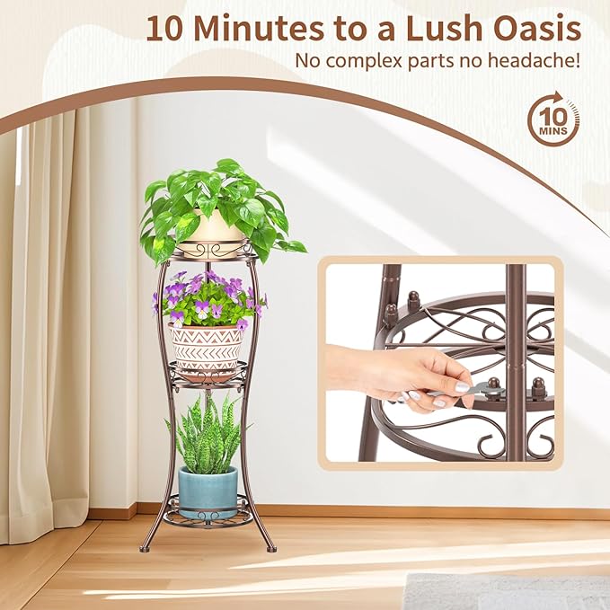 LASZOLA Bronze 3 Tier Tall Plant Stand for Indoor Outdoor, Large Multiple Level Flower Planter Holder Organizer Rack for Patio Office Bathroom Corner Floor, Sturdy Heavy Duty Metal, Vertical Display