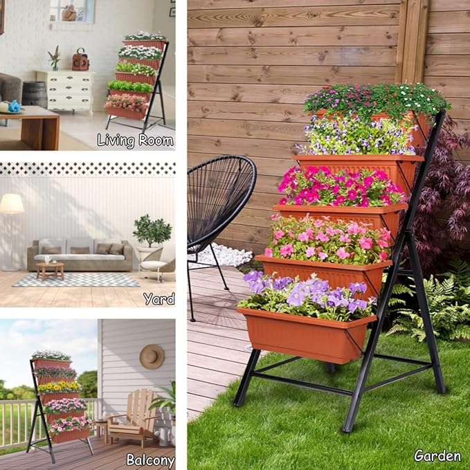 Homdox 5-Tier Elevated Garden Bed- Freestanding Vertical Raised Bed for Gardening, 5 Garden Planter Boxes and 5 Hooks, Perfect to Grow Vegetables Herbs Flowers Indoor(Brick Red)