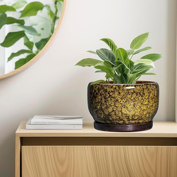 SQOWL 10 Inch Plant Pot - Ceramic Flower Pots with Drainage Hole and Saucer, Ceramic Planter for Indoor Plants Outdoor, Decorative Round Large Planter, House Decor, Gifts for Women Men, Yellow