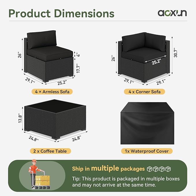 Aoxun 10 Piece Patio Furniture Set Wicker Rattan Patio Sectional Sofa Set Outdoor Seating Furniture with Thickened Cushion, Black