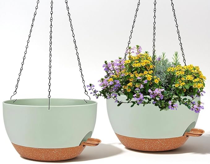 2 Pack 12 Inch Self Watering Hanging Planters for Indoor Plants, Large Green Brown Plastic Hanging Pots with Chains for Outdoor Patio Garden Home Decor Green Brown