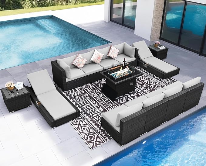 NICESOUL 13 Pcs Patio Set with Fire Pit Table, Modular 10-Seat Wicker Outdoor Sectional with Fire Pit & Chaise Lounge, 500 lbs High Weight Capacity Deep Seated Sectional Couch Set, Light Gray