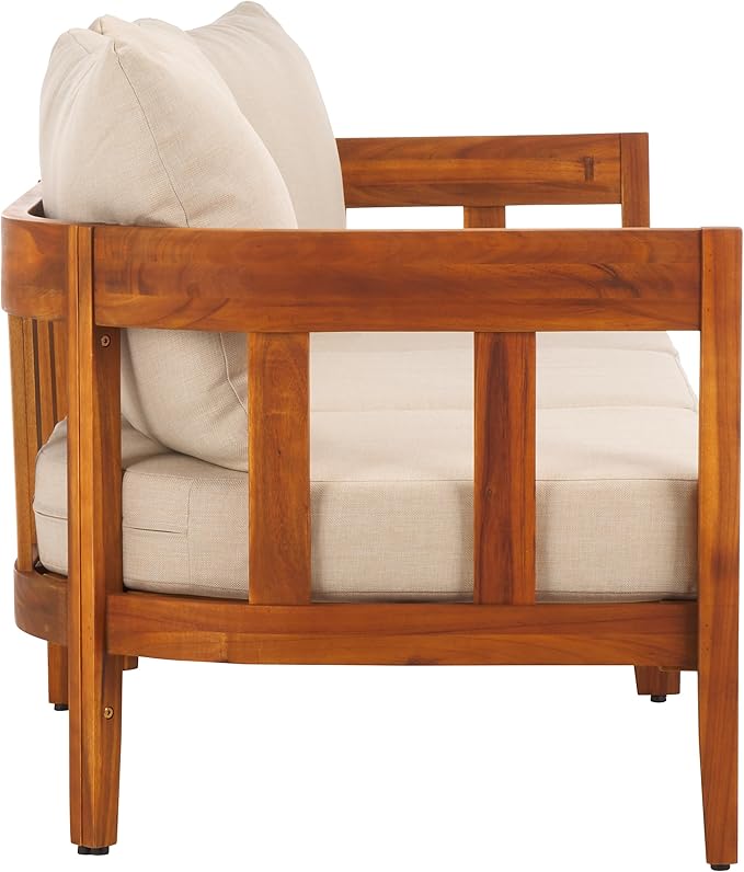 SAFAVIEH Outdoor Collection Owen Acacia Solid Wood Natural/Taupe Cushion 3-Seater Sofa
