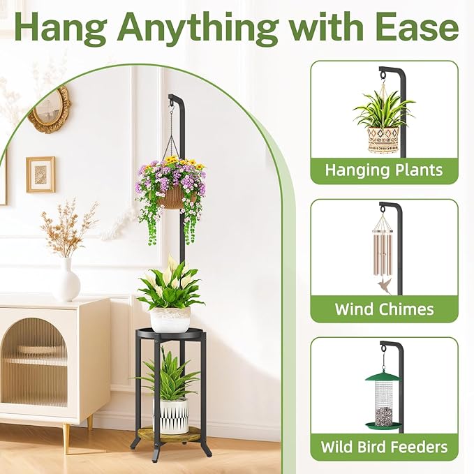 iDavosic.ly 2 Tier Hanging Plant Stand Indoor, Tall Vertical Corner Metal Flower Heavy Duty Pot Holder Shelf for Patio Porch Living Room, Modern Black & Rustic Brown - Round