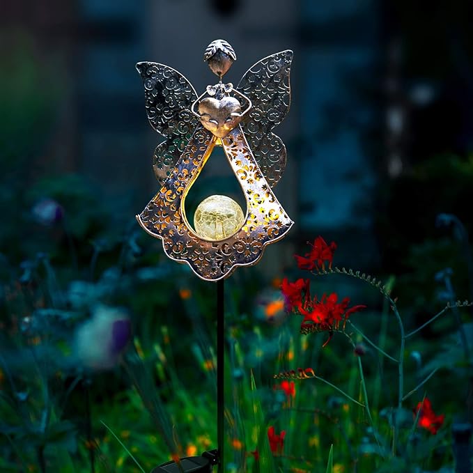 KAIXOXIN LEDs Solar Stake Lights for Garden Metal Warm White, Memorial Gift - Perfect as Remembrance & Sympathy Gifts (Angel-Bronze) (Angel)