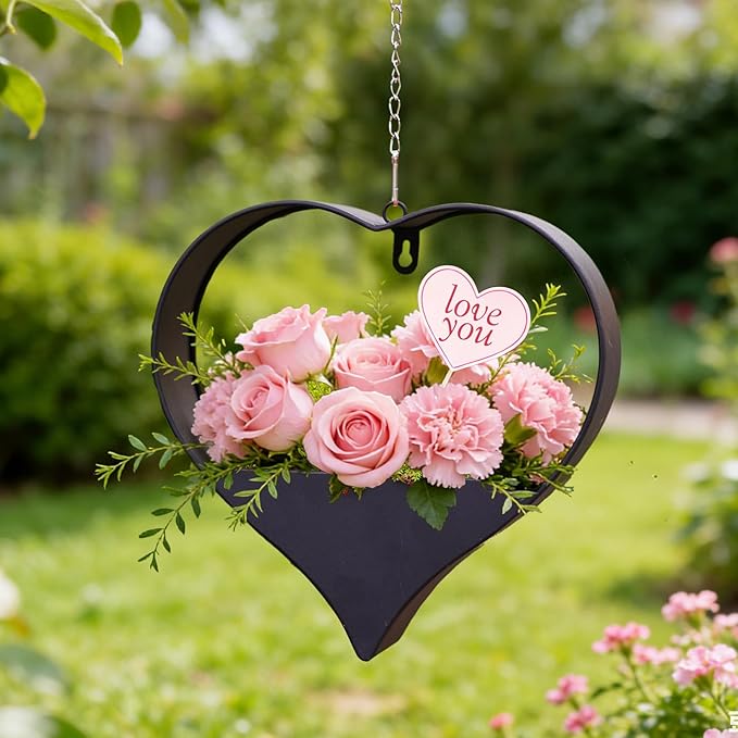 Metal Plant Hangers Indoor and Outdoor for Mom Women Her Wife Garden Lovers Birthday - Heart Shape Hanging Planters for Window Wall Living Room Office Decor(Black)