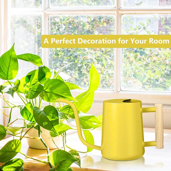 Watering Can Indoor Plants, 35oz Small Stainless Steel Metal Watering Can Modern Decorative Watering Pot with Long Spout for Indoor House Plant Bonsai Garden Flowers (Yellow)