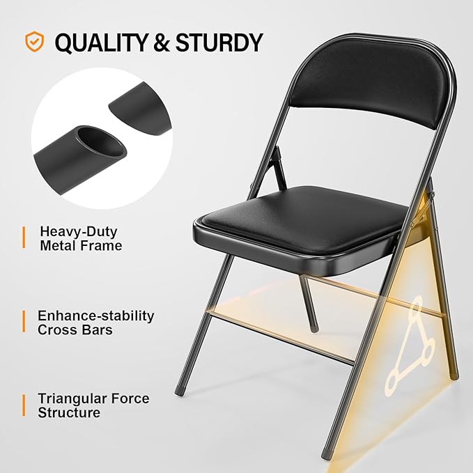 VINGLI 6 Pack Folding Chairs with Padded Seats, Metal Frame with Pu Leather Seat & Back, Capacity 350 lbs, Black