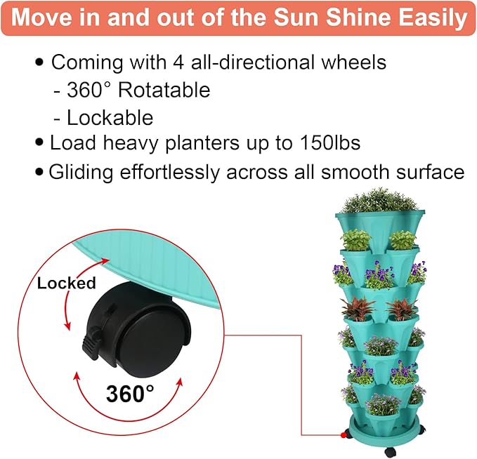 GameXcel Vertical Planter 7 Tier Stackable Planters Garden Planters Strawberry Herb Flower and Vegetable Planter Indoor Outdoor Gardening Pots with Removable Wheels and Tools-Teal 2 Pack