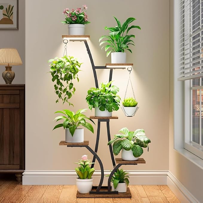 Plant Stand with Grow Light for Indoor Plants, 6 Tiered Metal Plant Shelf, 45" Indoor Plant Rack with 7 Shelves and 2 Hooks, Modern Corner Plant Holder for Living Room Balcony Bedroom, Black