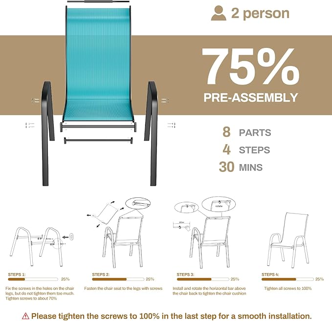 TLSUNNY Patio Chairs, Stackable Textilene Outdoor Dining Furniture for All Weather, with 17.7″ Wide Seat & Metal Frame, for Garden, Backyard, Deck, Restaurant, Poolside (8, Turquoise Blue, 26.4″)