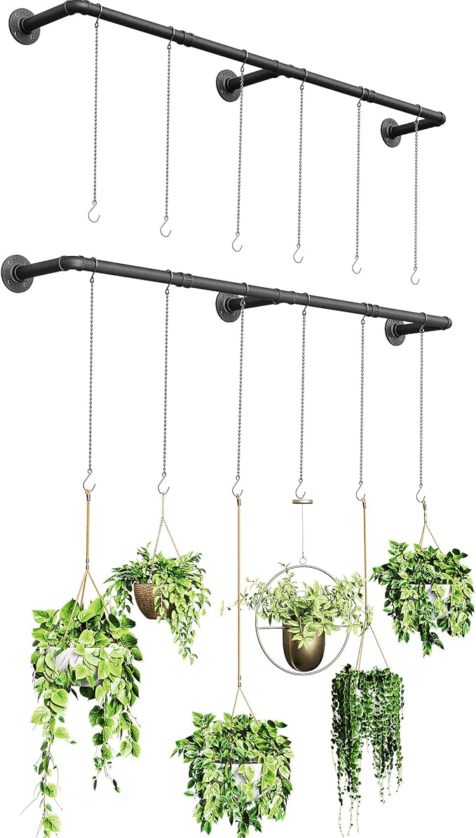 Plant Haning Rod, 2 Pack Hanging Planters for Indoor Plants with 6 Chains, Wall Plant Hanging Bar for Window Celling, 65.7 Inch, Metal Black, Pots Not Included