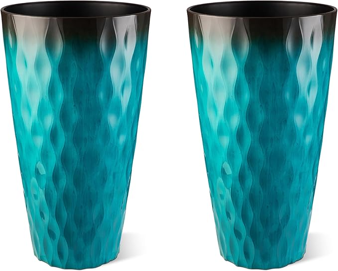 Glitzhome 23.75" H Oversized Tall Planter, Set of 2 Wavy Texture Turquoise Large Planters for Outdoor Plants, with Drainage Hole, Plastic Large Flower Pots for Porch,Garden, Patio or Indoor Use