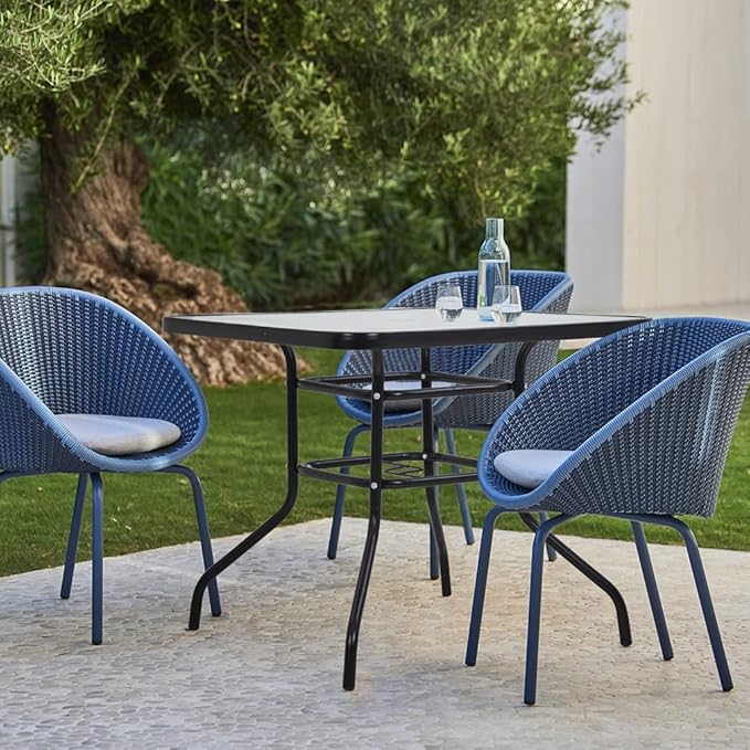 Outdoor Table Patio Table Dining Table with Tempered Glass Umbrella Hole for Lawn Balcony, Yard (Square)